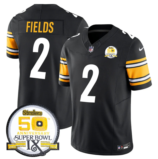 Men's Pittsburgh Steelers #2 Justin Fields Black 2024 F.U.S.E. 50th Anniversary Of Super Bowl IX Alternate Vapor Untouchable Limited Football Stitched Jersey